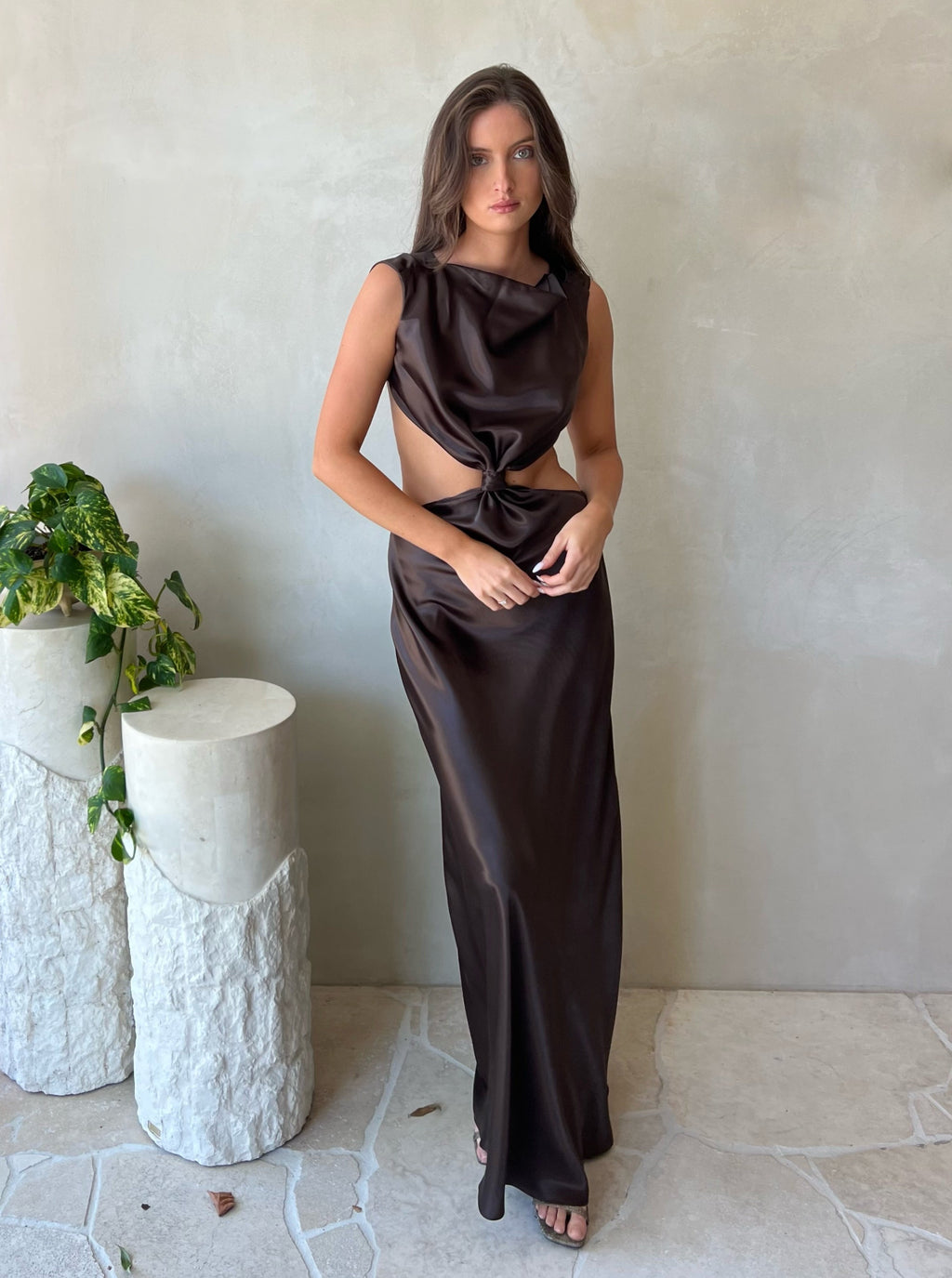 CHOCOLATE COWL CUT OUT MAXI