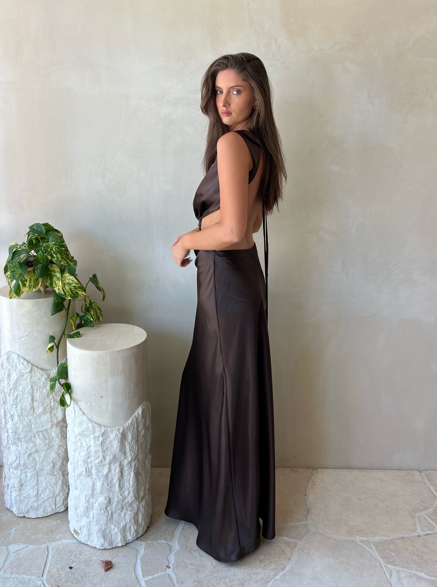 CHOCOLATE COWL CUT OUT MAXI